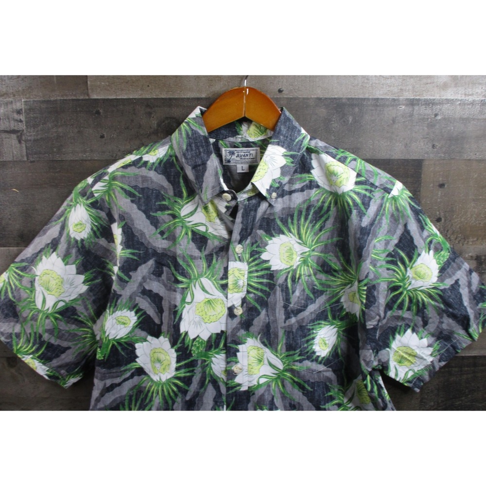Avanti Hawaiian Shirt Mens Large Gray Floral Aloha Button Front Made in Hawaii